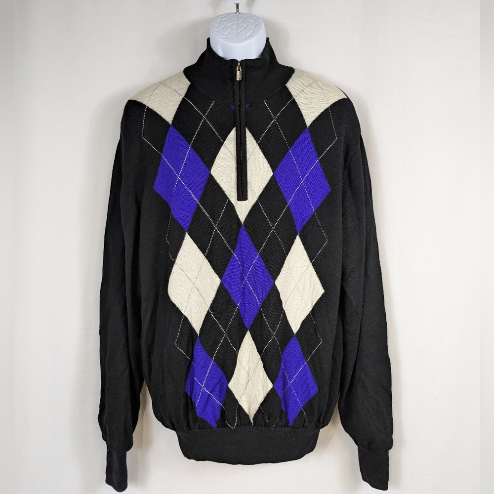 Footjoy Sweater Mens Large 100% Wool 1/4 Zip Fully Lined Golf Argyle Purple A038